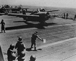 U.S. Navy grumman F4F-4 Wildcat fighters of fighter squadron VF-71 launching the aircraft carrier USS Wasp